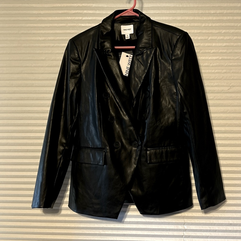 NWT Nine West Black Faux Leather Blazer med